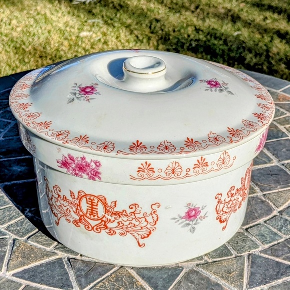 Vintage Chinese Hand Painted Stoneware Serving/Storage 8.5" Large Bowl w/Lid NOS - Picture 3 of 7